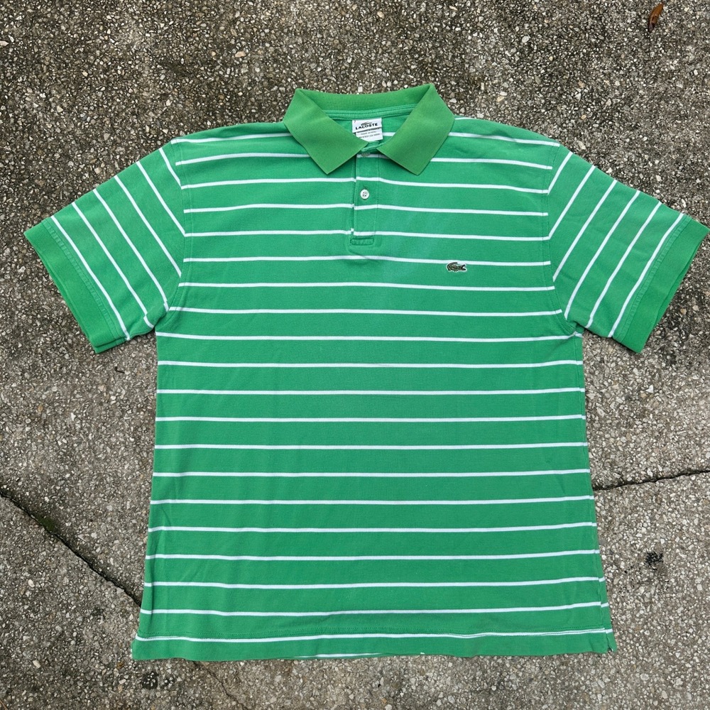 Lacoste Mens Green White Striped Short Sleeve Polo Shirt Size 7 XL Pique Logo